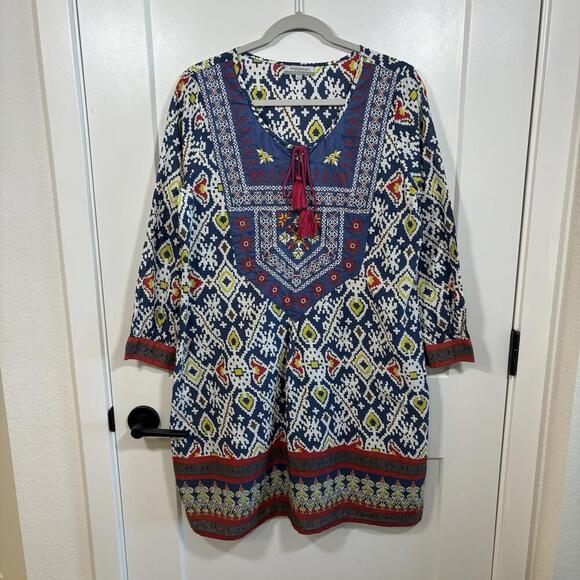 Dresses & Skirts - World Market Women L/XL Tunic Dress Embroidered Geometric Boho Tassel Aztec